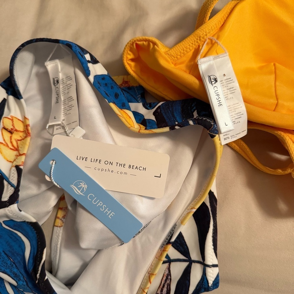 Cupshe Women Sz L Two-Piece Bikini Blue Leaf Print Crisscross Back Tie Swimsuit - Picture 5 of 16